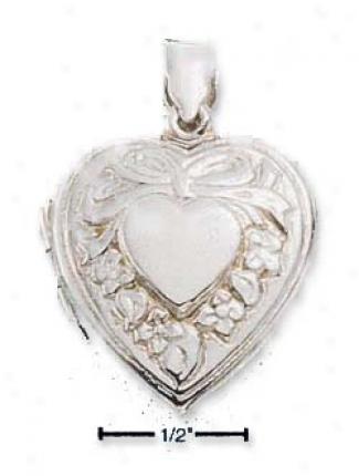 Sterling Silver Embossed Heart LocketP endant With Bow