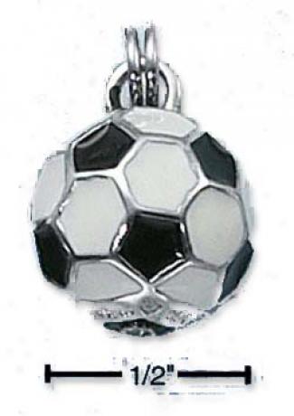 Sterling Silver Enamel 3d Black White Soccer Ball Charm (h )