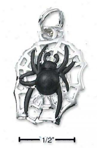 Sterling Silver Enamel Black Spider On Web Charm