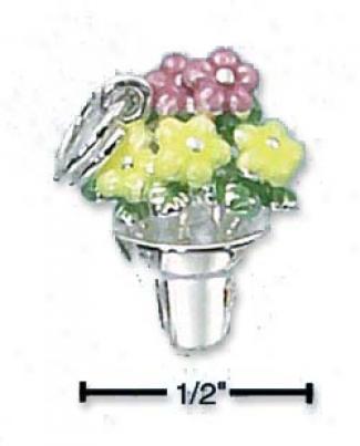 Sterling Silver Enamel Flower Pot Charm Pink Green Flowers