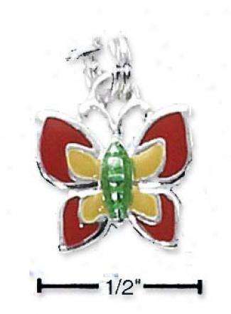 Sterling Silver Enamel Red Yellow And Green Butterfly Charm