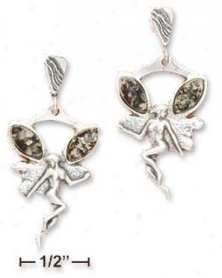 Sterling Silvery Fairy With Green Amber Post Dangle Earrings