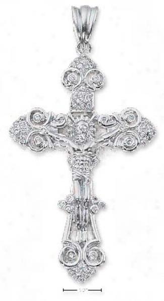 Sterling Silver Fancy Crucifix With Round Czs Pennant