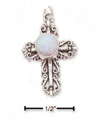 Sterling Silver Fancy Filigree Synthetic Opal Cross Charm