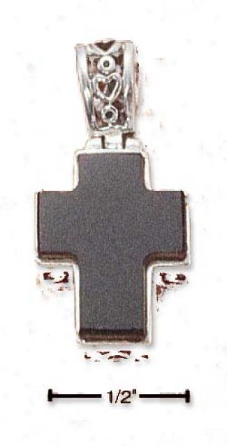 Sterling Silver Fancy Heaft/ Onyx Block Cross Pendant