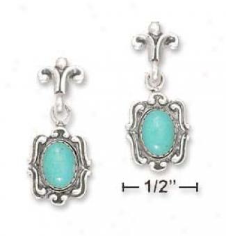 Sterling Silver Fancy Post Oval Turquoise Dangle Earrings