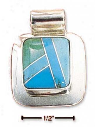 Sterling Silver Fancy Squard Multi Turquoise Inlay Pendant