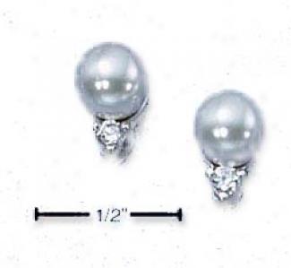 Sterling Silver Faux Pearl And Cz Post Earrings