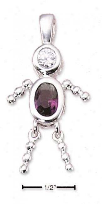 Sterling Silver February Bead Boy Charm With Purple Cz