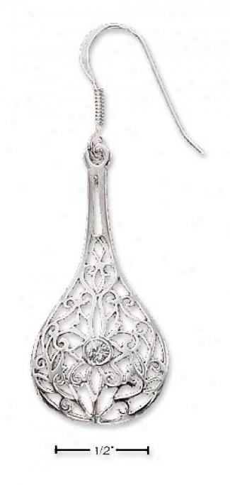 Sterling Silver Filigree Elongated Teardrop Cz Earrings