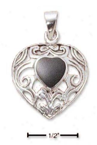 Sterling Silver Filigree Heart With Onyx Pendant