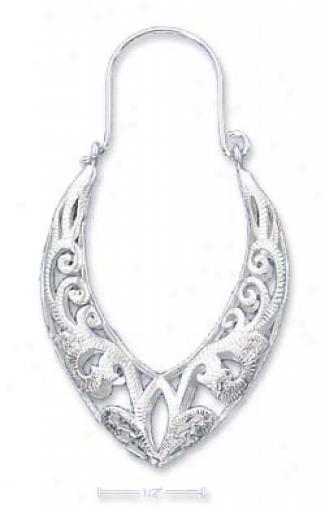 Sterling Silver Filigree Pointed Hoop Earrings - 2 Inch
