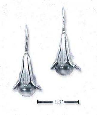 Sterlibg Silver Floral Bell With Gray Pearl Hook Earrings