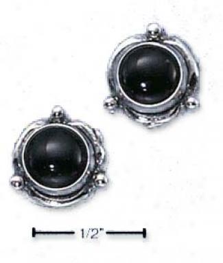 Sterling Silver Flower Concho Onyx Post Earrings