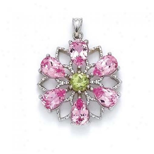 Sterling Silver Flower Created Pink Sapphire Pendant