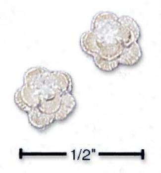 Sterling Silver Flower With Cubic Zirconia Post Earrings