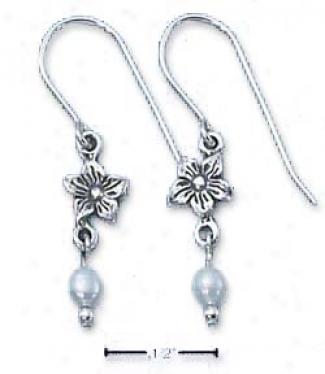 Sterling Silver Flower With Pearl Drop Hook Earrings