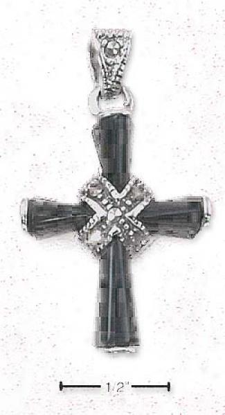 Sterling Silver Genuine Onyx Cross Marcasite Rings And Bil