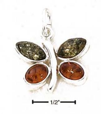 Sterling Silver Green And Honey Amber Butterfly Pendant