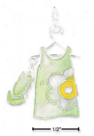 Sterling Soft and clear  Green Enamel Sundress And Flip-flop Charm
