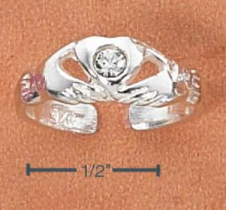 Sterling Silver Hadns Holding Heart Clear Crystal Toe Ring