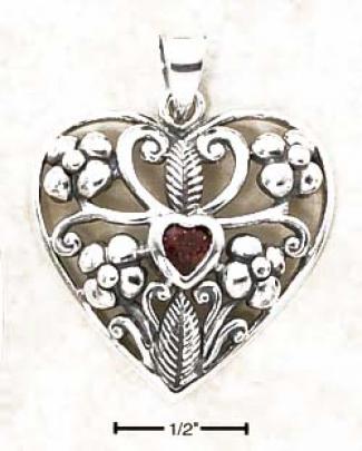 Sterling Silver Heart Garnet In Flower Heart Pendant