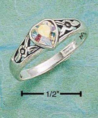 Sterling Silver Heart Ring With Opalescent Austrian Crystal