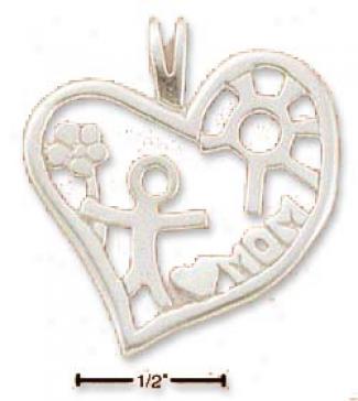 Sterling Silver Hart With Child Flower And Mom Charm