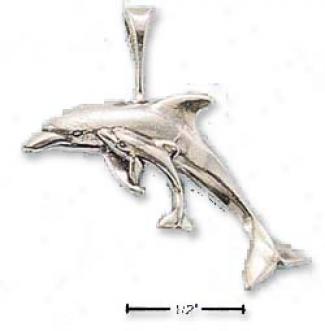 Sterling Silver High Polish Curved Dolphin With Baby Charm