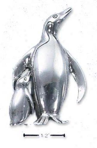Sterling Silver High Polish Mother And Baby Penguin Pin