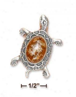 Sterlibg Silver Honey Amber Turtle Pin