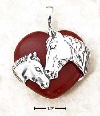 Sterling Silver Horse And Foal Red Agate Heart Hanging appendage