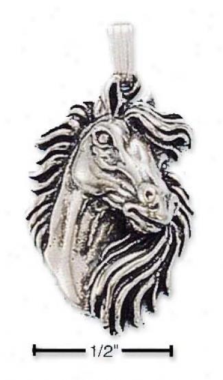 Sterling Silver Horse Head With Flowing Mane Charm