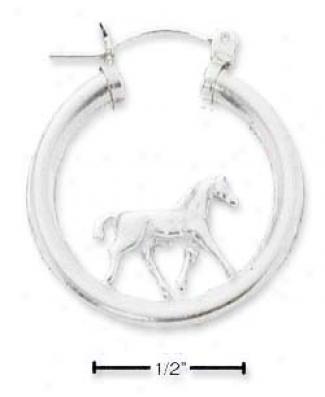 Sterling Silver Horse On Tubular Hoop Earrings