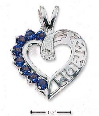 Sterling Silver I Love Mom Heart Pendant Blue Clear Czs
