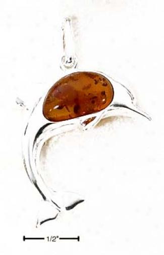 Sterling Silver Jumping Dolphin Pendant With Honey Amber
