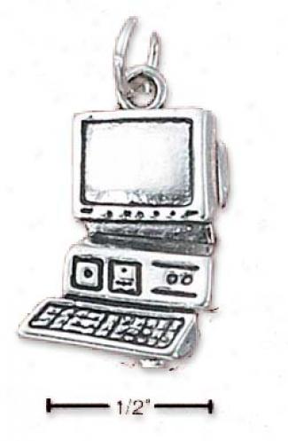 Sterling Silver Large Antiqued Computer Charm