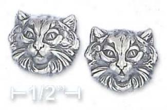 Sterling Silver Large Cat Face Post Earrings