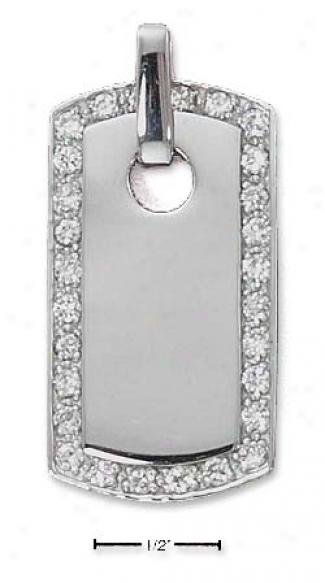 Sterling Silver Large High Polish Dog Tag Pendant Cz Border