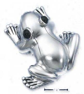 Sterling Silver Large High Polish Frog With Onyx Eyes Pin