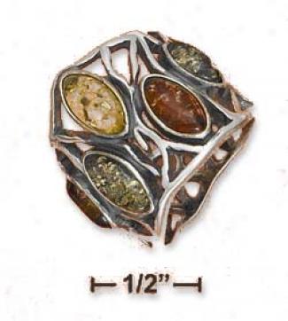 Sterling Silver Large Multicolor Amber Ope Design Band Ring