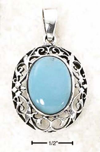 Sterling Silver Large Oval Turquoise Filigree Edging Pendant