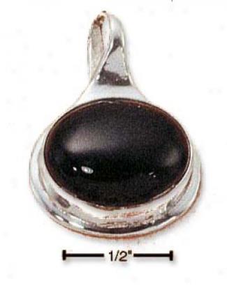 Sterling Silver Large Side Oval Jet Pendant With Offset Bail