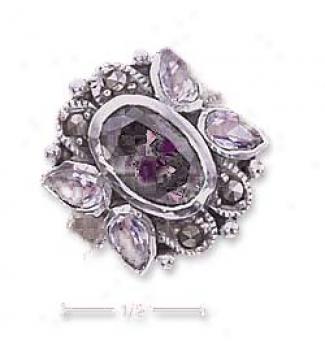 Sterling Silver Marcasite Amethyst Lavender Tears Cz Ring
