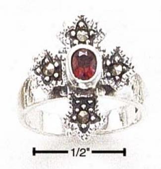 Steriing Silver Marcasite Cross Wkth Garnet Ring 5-9