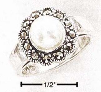 Sterliny Silver Marcasite Flower 7mm Faux White Jewel Ring