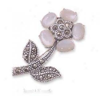 Sterling Silvery Macrasite Flower Pin Mother Of Pearl Petals