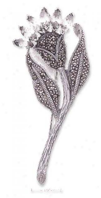 SterlingS ilver Marcasite Flower Pin Red Czs - 2 1/2 Inch