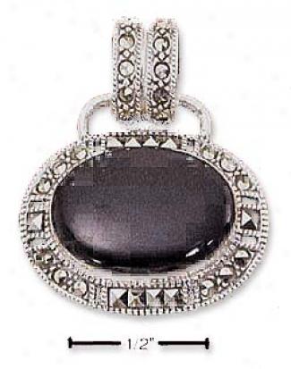Sterling Silver Marcasite Large Oval Obyx Pendant
