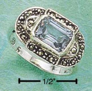 Sterling Silver Marcasite Long Blue Topaz On Its Side Ring